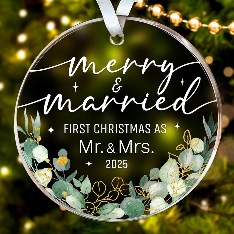 HEXMOZ First Christmas Married Ornament 2025 - Wedding Gifts for Couples 2025 - Just Married, Mr and Mrs Gifts for Newlyweds - Bridal Shower Gift for Bride - Acrylic Wedding Ornament - Image 1